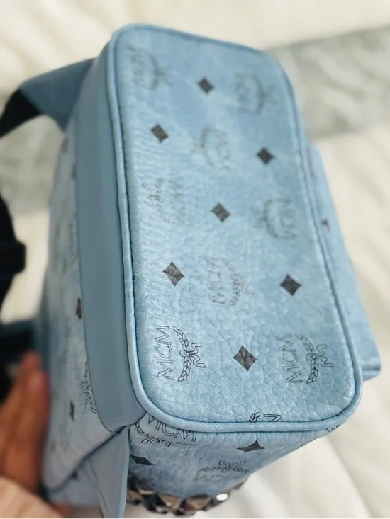 Authentic MCM Stark Mini Backpack Blue Visetos Studded 8x10x4 clean + Dust Bag - Picture 13 of 16